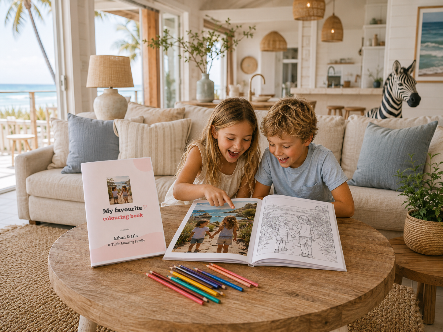 Open personalised colouring book: family photo on the left page, line art on the right page