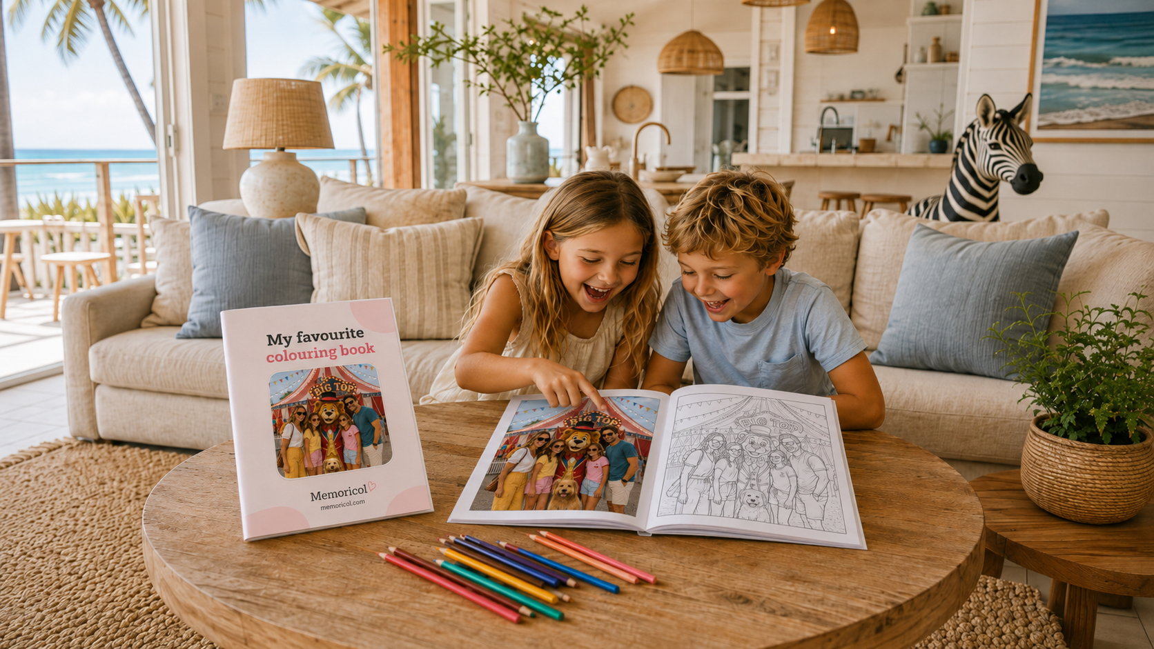 Open personalised colouring book: family photo on the left page, line art on the right page