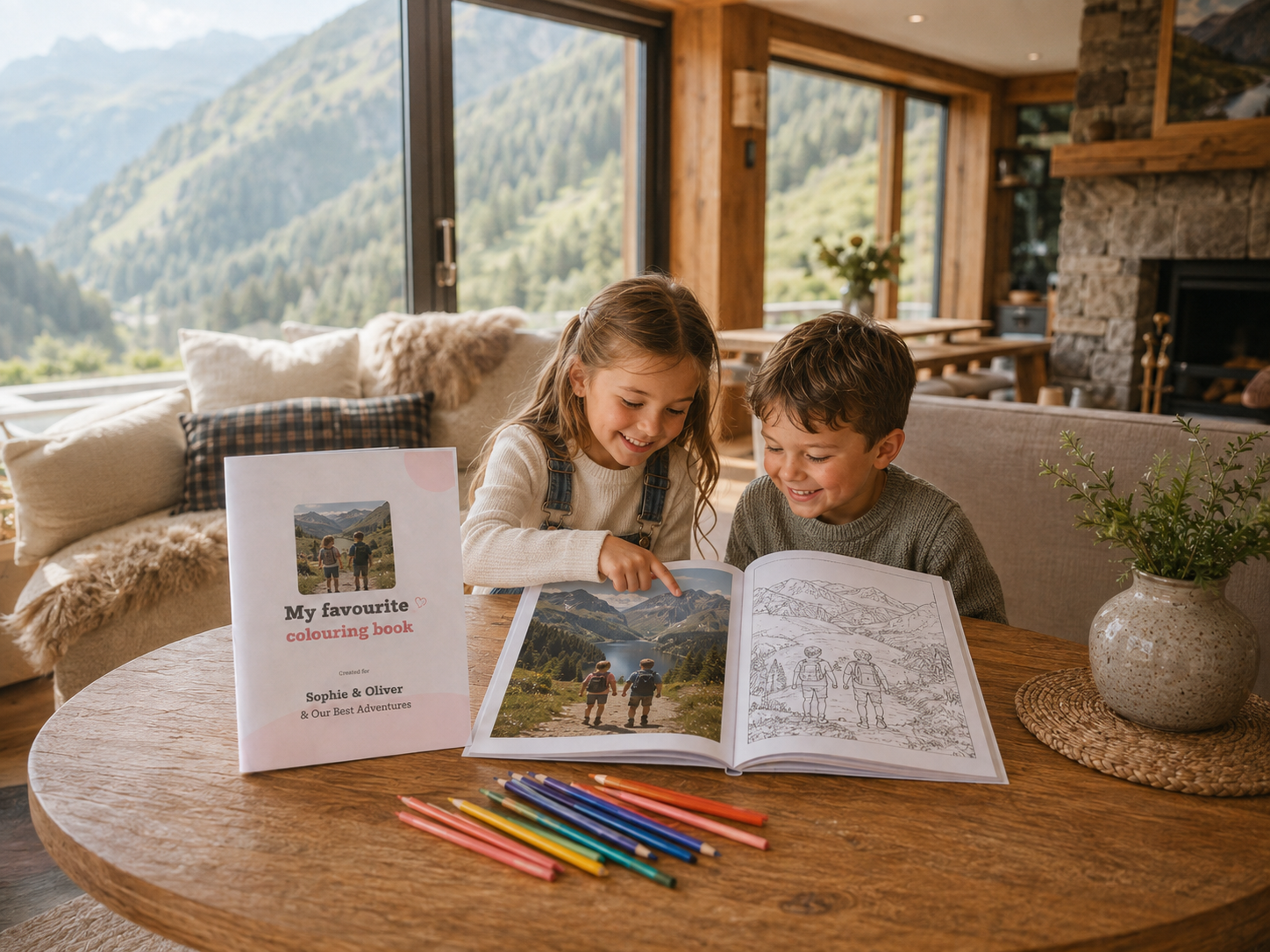 Two children colouring their Memoricol book at a kitchen table, the printed cover beside them and a mountain view through the window.