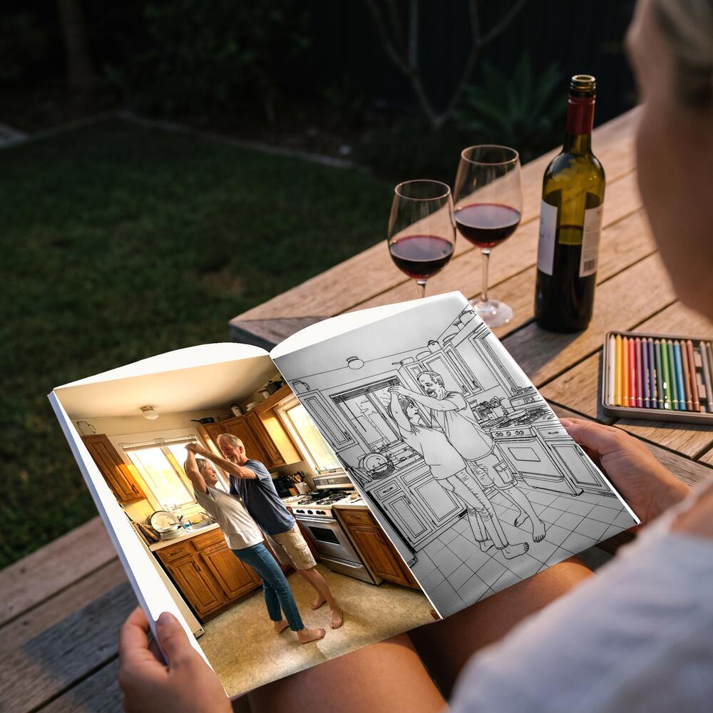 A photo on the left page and the same moment as a colouring page on the right.