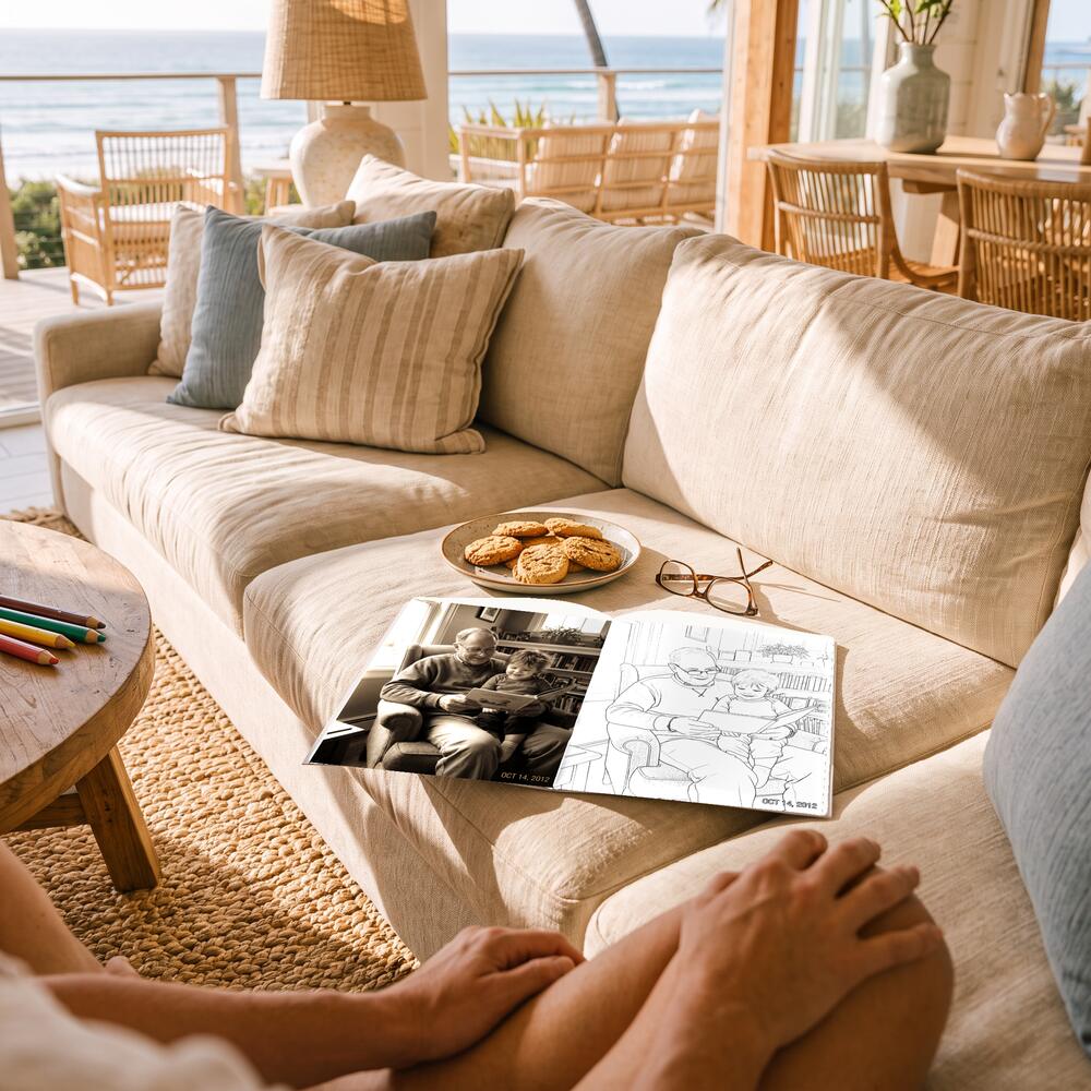 A photo on the left page and the same moment as a colouring page on the right.