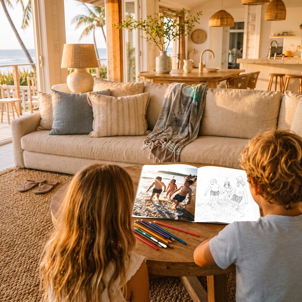 A photo on the left page and the same moment as a colouring page on the right.