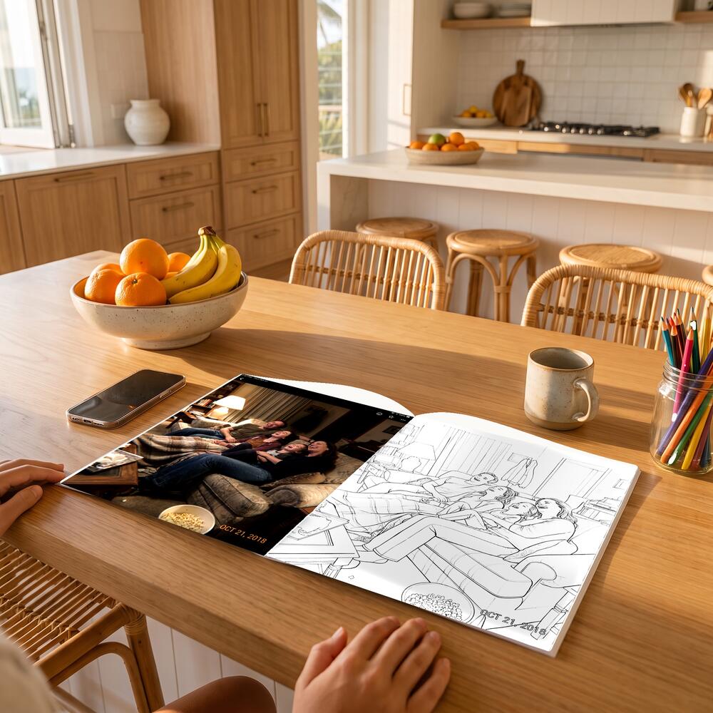 A photo on the left page and the same moment as a colouring page on the right.