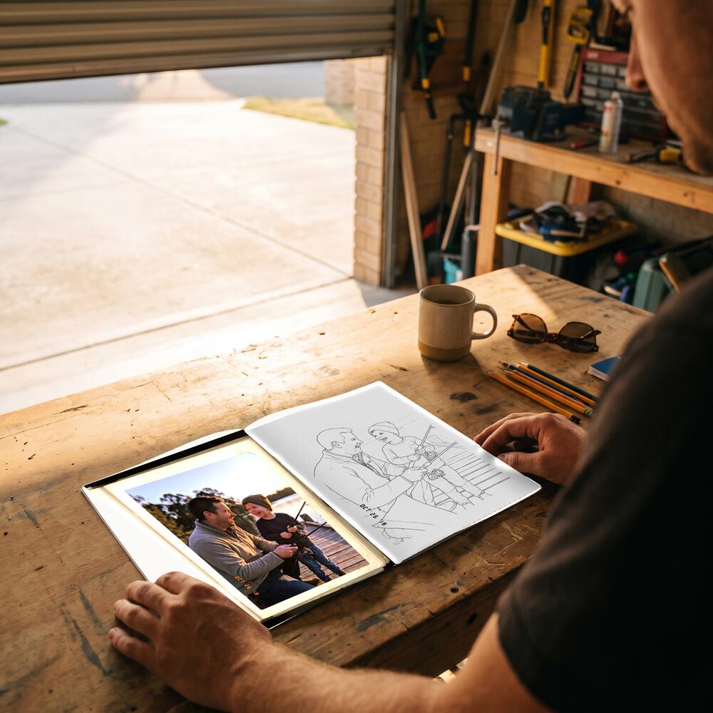 A photo on the left page and the same moment as a colouring page on the right.