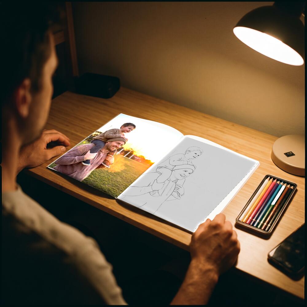 A photo on the left page and the same moment as a colouring page on the right.