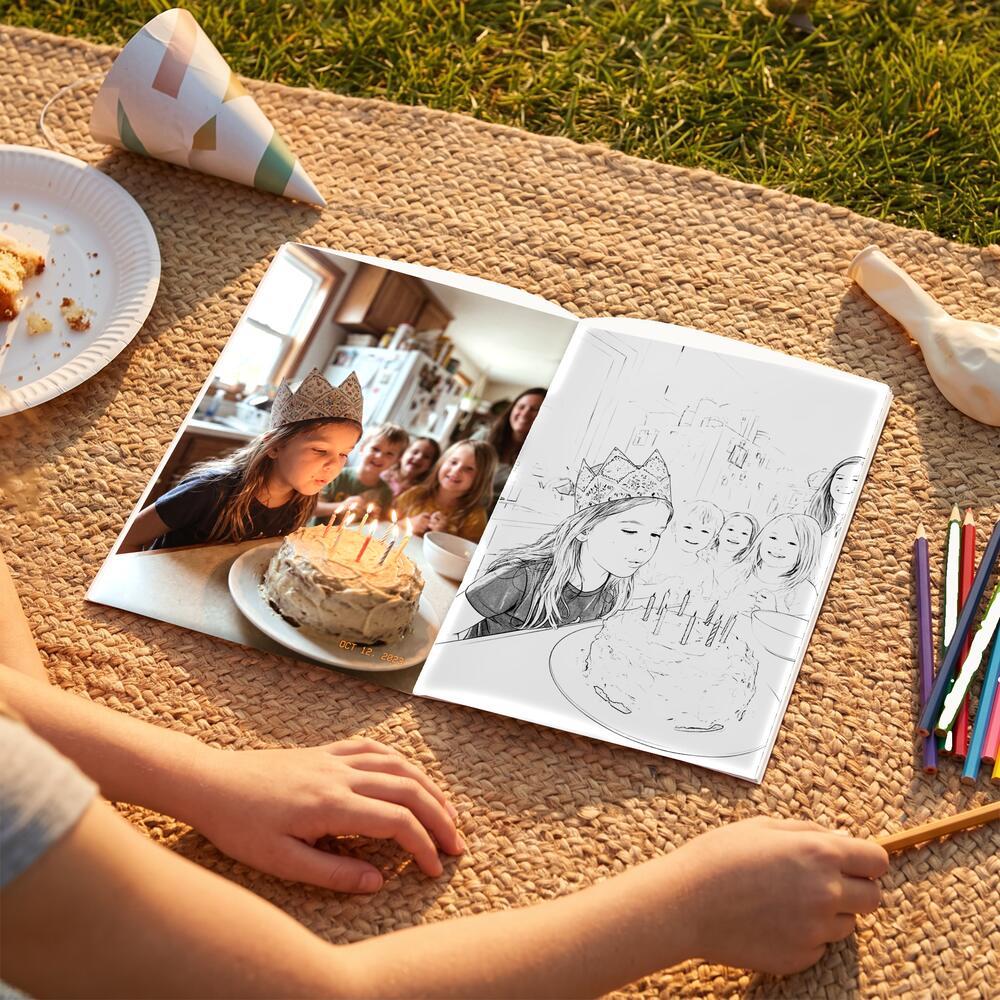 A photo on the left page and the same moment as a colouring page on the right.