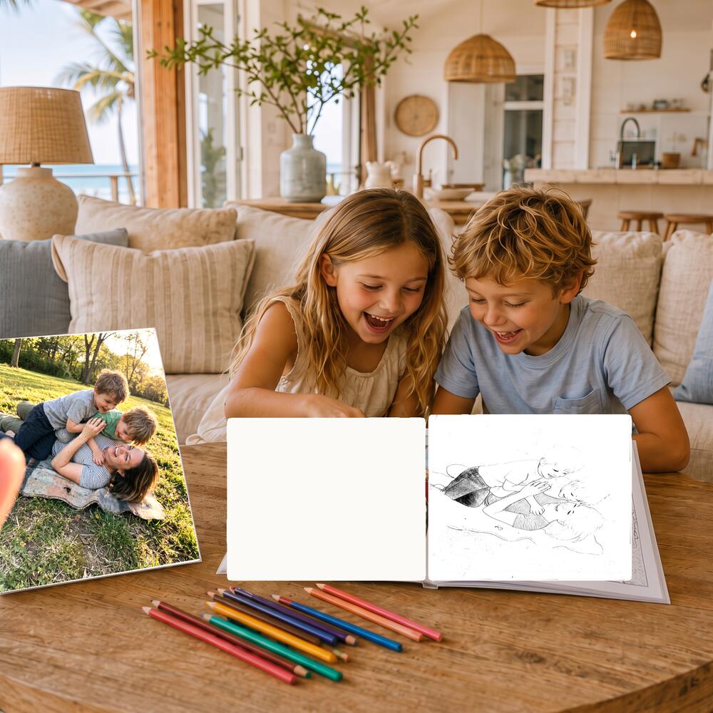 A photo on the left page and the same moment as a colouring page on the right.