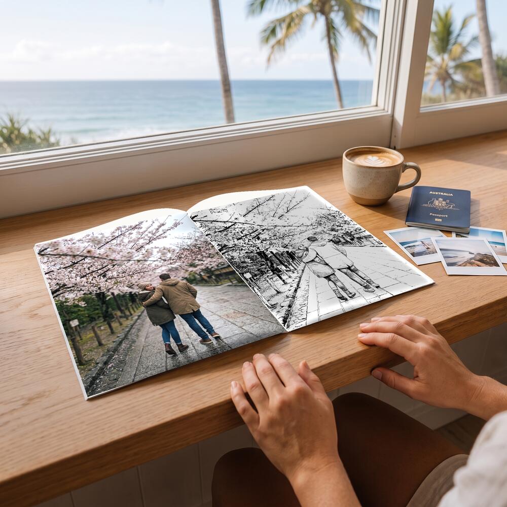A photo on the left page and the same moment as a colouring page on the right.