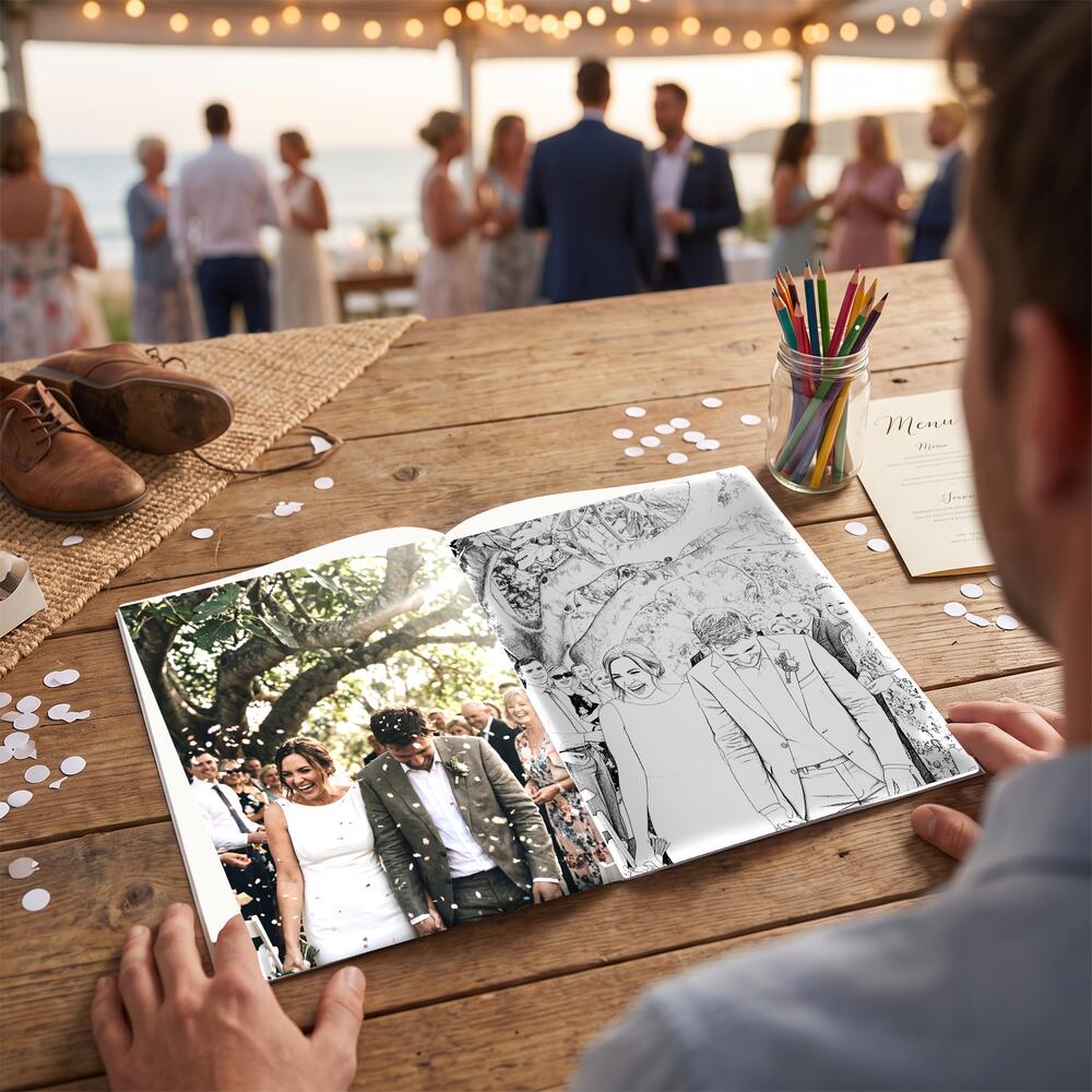 A photo on the left page and the same moment as a colouring page on the right.